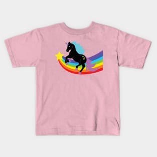 Black Unicorn With Rainbow and Stars Kids T-Shirt